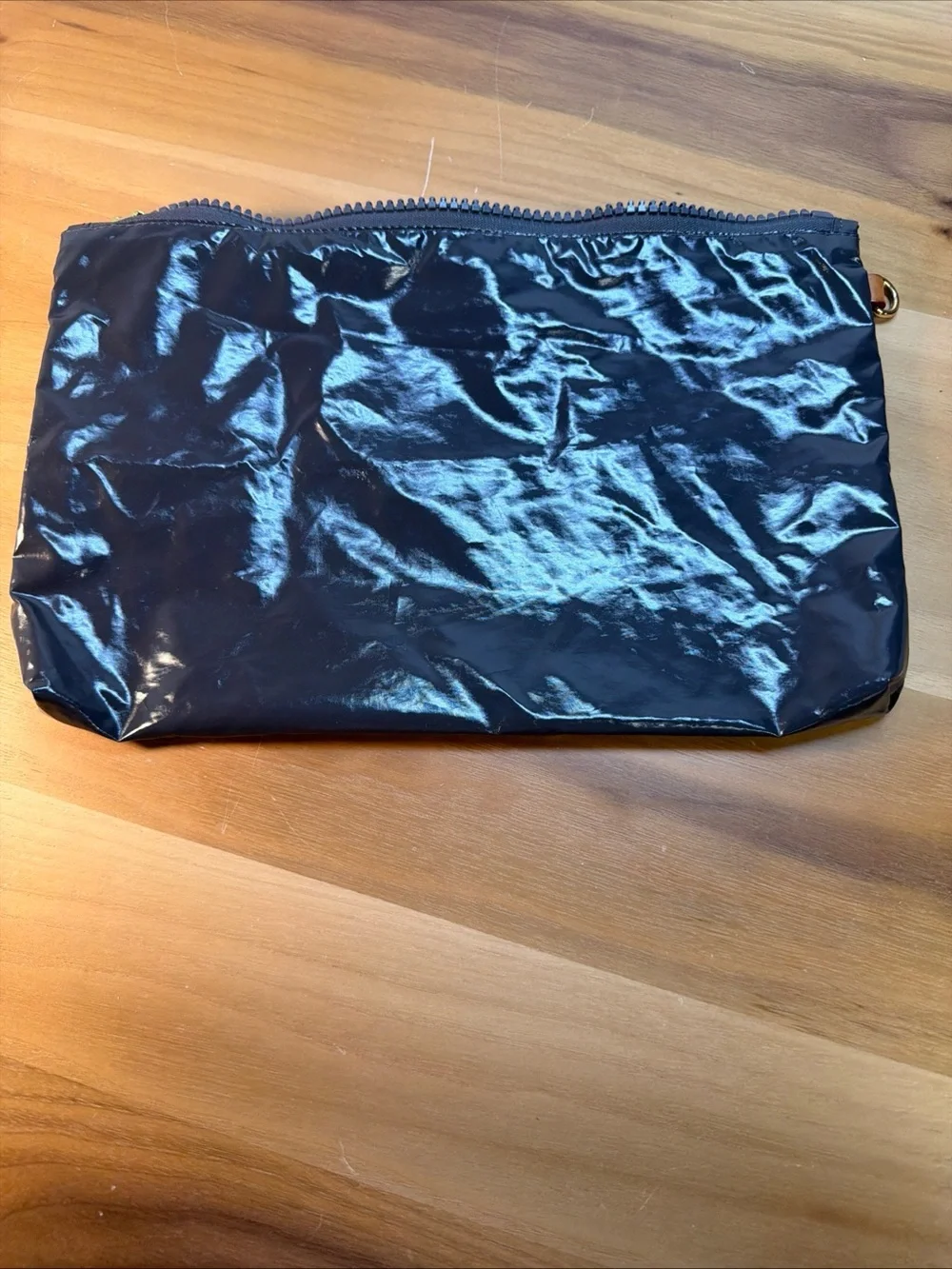 MZ Wallace Glossy Black Lacquer Nylon Zip Pouch Makeup Cosmetic Bag 12x 8” Gray